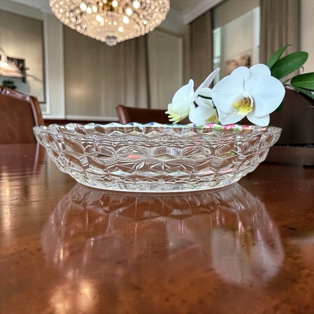 Vintage Fostoria American Clear Glass Oval Serving Vegetable Bowl MCM Cubist